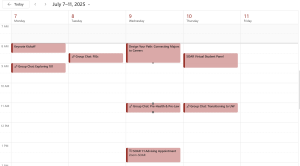 screenshot of a Virtual Advising week schedule in outlook calendar with Wednesday advising appointment